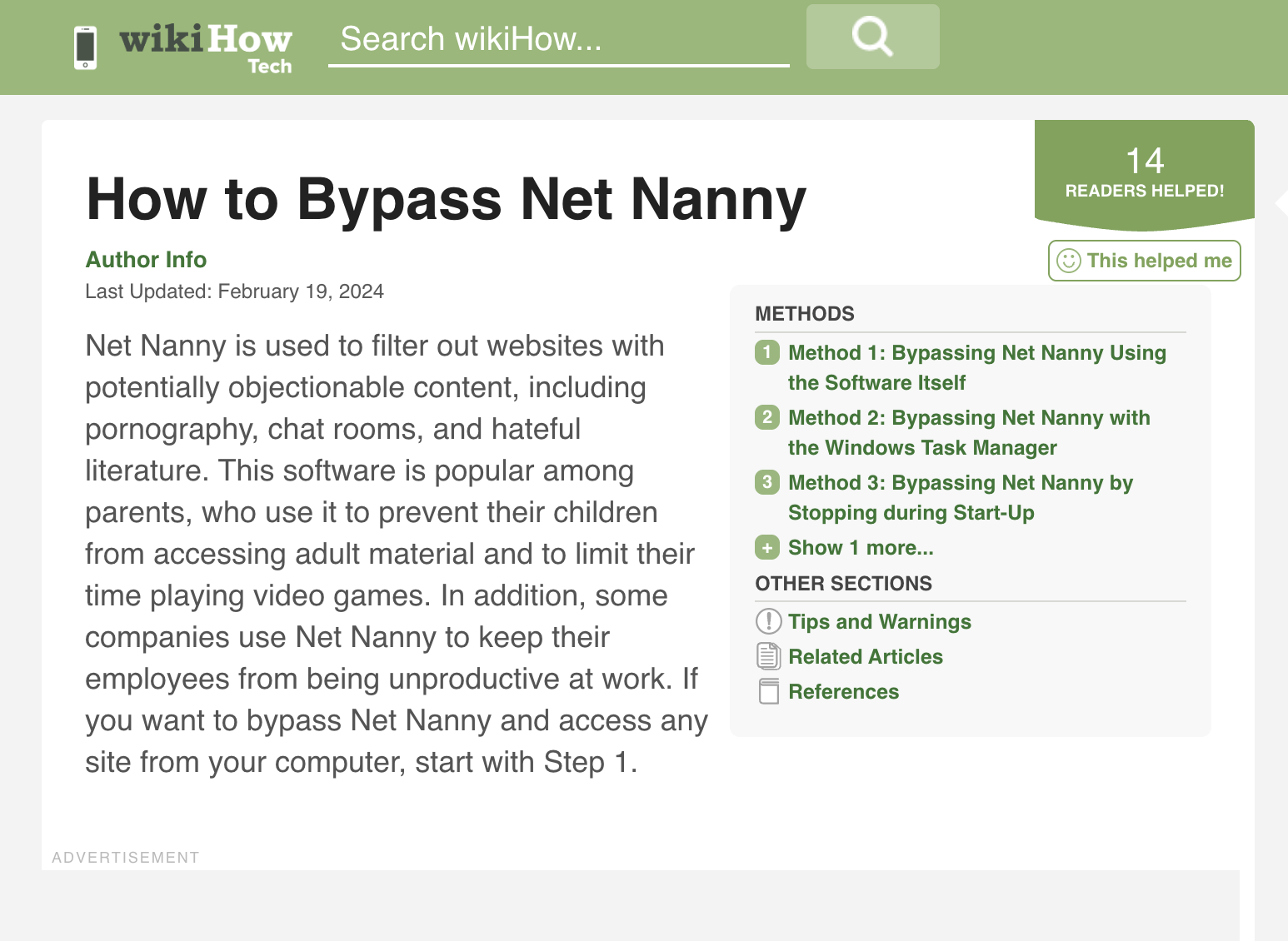 A screenshot of a Wikihow article on how to bypass popular parental monitoring program NetNanny.